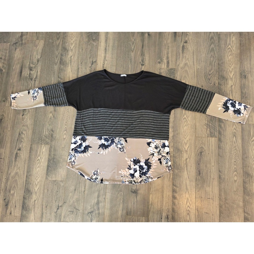 Women XL Colorblock Floral Striped Long Sleeve Top Black Tan Spring Fall Casual